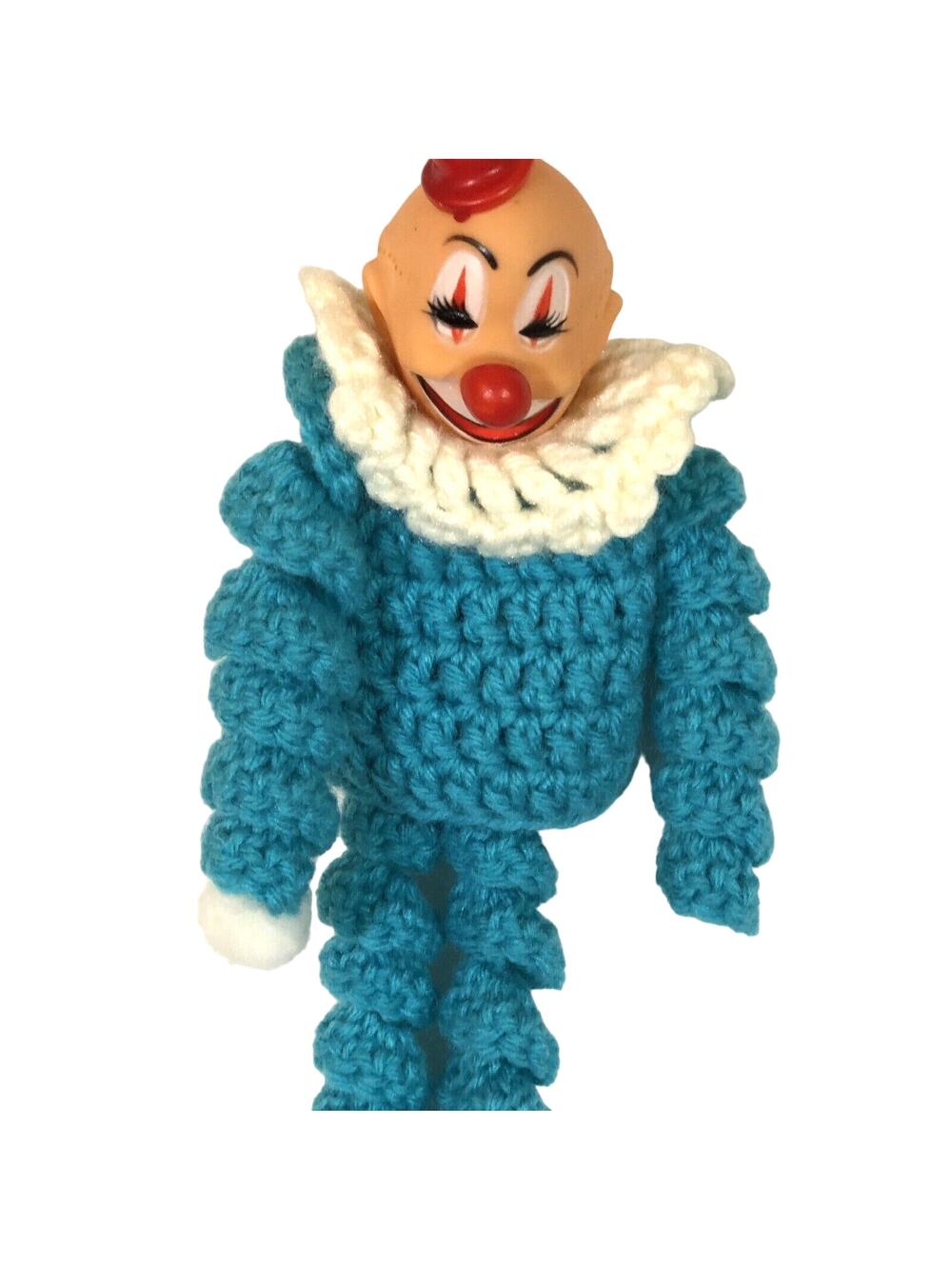 Vintage Handmade YoYo Circle Crochet Clown Doll Teal Blue Long Legs Arms